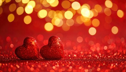 Abstract Defocused Valentines Card With Red Hearts On Shiny Glitter