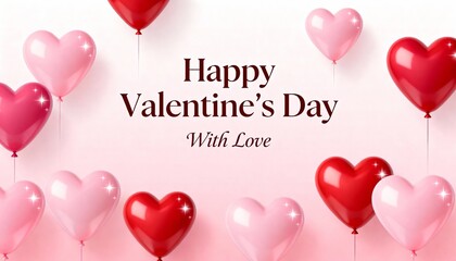 Colorful heart-shaped balloons in shades of pink and red, floating against a soft background, celebrating love and affection for Valentine's Day with joyful ambiance