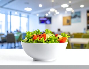 Close-up of a vibrant and healthy salad in a white bowl, setting a scene