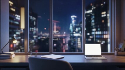 Workstation desk with laptop and papers overlooking a nighttime cityscape with illuminated buildings, suitable for remote work or office productivity