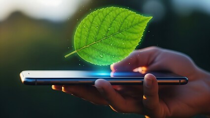  Hand holding smartphone with glowing green leaf hologram representing eco-friendly technology and digital sustainability