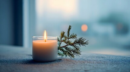 A burning candle with Christmas tree leaves placed on the table.