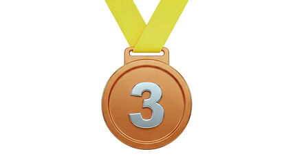 3D Bronze medal with number 3 and yellow ribbon on transparent background