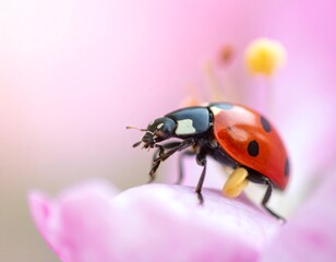 Close-up of a vibrant ladybug perched on a delicate pink flower