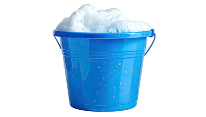 A blue bucket filled with foamy suds, isolated on a black background