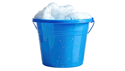 A blue bucket filled with foamy suds, isolated on a black background