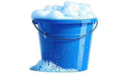 A blue bucket overflows with foamy white bubbles on a black background