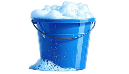 A blue bucket overflows with foamy white bubbles on a black background
