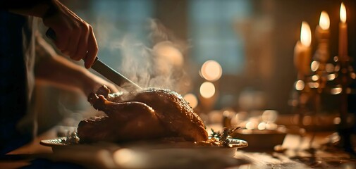 A man is cutting grilled chicken on a table.