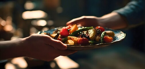 A man holding a bowl of cookies and feeding them to another person.