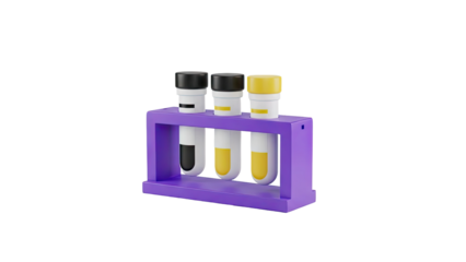 3D Test Tubes with Samples in Purple Rack on transparent background
