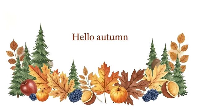 Hello Autumn Watercolor Border with Leaves Pumpkins and Pine Trees