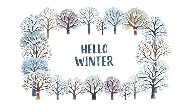 Hello Winter Watercolor Trees Snowflakes Festive Season Greeting