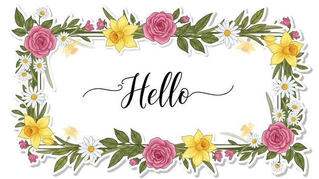 Hello Spring Floral Rectangle Border with Pink Roses Yellow Daffodils and Daisies