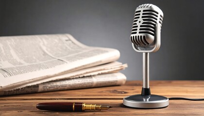 Close up of a vintage microphone and a stack of newspapers on wood