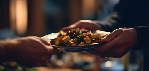 A close-up of a man holding a bowl of cookies and feeding them to another person.