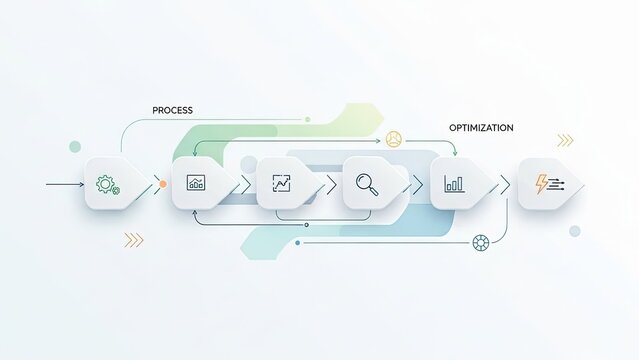 Business process optimization workflow with icons and arrows
