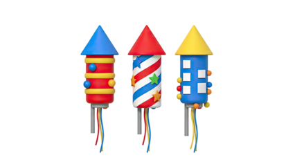 3D Three cartoon firework rockets with colorful decorations on transparent background