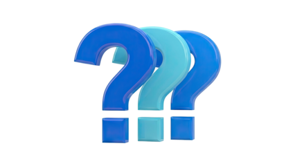 3D Three blue and aqua question marks on transparent background