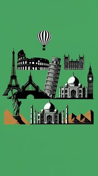 Iconic World Landmarks Collage Green Background Motion Graphic Loop