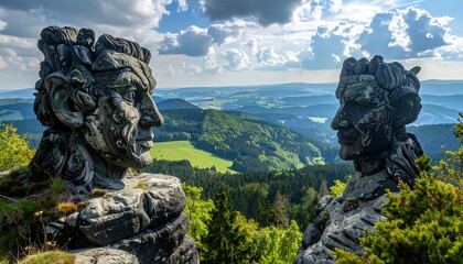 Obraz premium Sculptures of two stone faces gaze at each other atop a mountain, overlooking a lush valley under a cloudy sky
