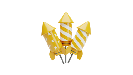 3D Three yellow and white fireworks rockets on a transparent background