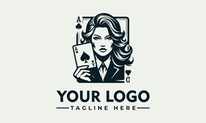 Vector illustration of a woman holding poker cards with a logo and tagline on a plain background, conveying a business and gaming theme.
