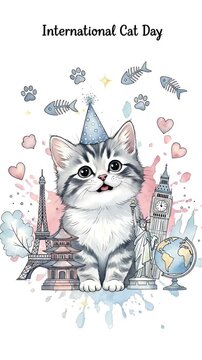 International Cat Day Cute Kitten Wearing Party Hat With World Landmarks Background