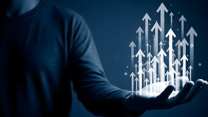 A person presenting a group of glowing arrows rising upwards in a conceptual representation of growth and progress in business or technology