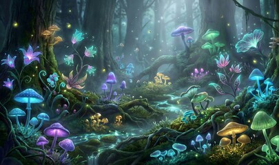 magical forest floor with bioluminescent mushrooms and glowing unusual flora at night