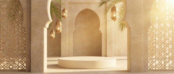 3d render of a decorative podium During Ramadan Islamic holiday celebration prayer spiritual, sacred tradition elegant architecture often features intricate calligraphy dais.
