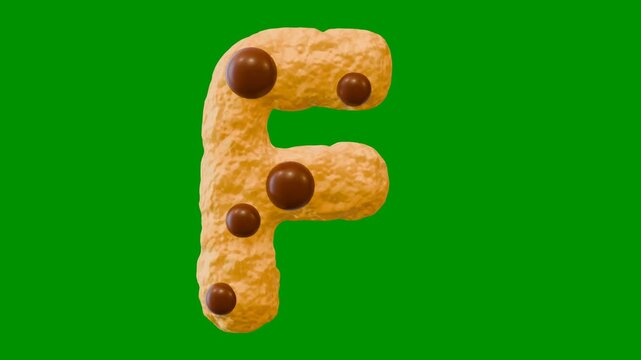 Alphabet animation from A-Z on green screen background. Alphabet animation in chocolate chip cookies theme. Suitable for children's learning. 3D animation.