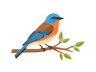 A vibrant bird perched on a branch with leaves, viewed from the side in a digital illustration.