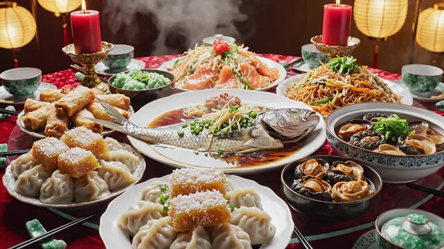 A vibrant table setting for Chinese New Year, featuring an assortment of traditional foods including dumplings and noodles, arranged on a red tablecloth with decorative lanterns in the