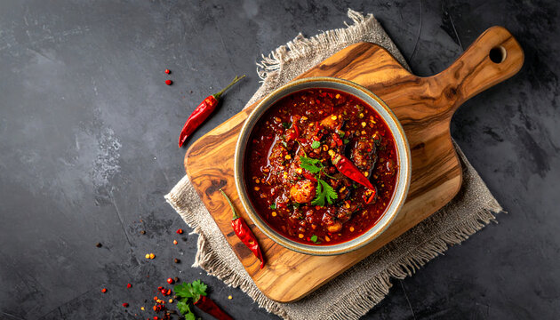 Top View of Traditional Ghanaian Shito Spicy Black Pepper Sauce in Bowl with Copy Space on Dark Background