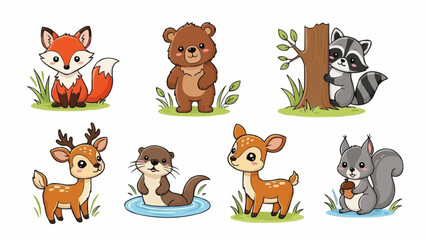 Fototapeta premium Cartoon Forest Animals Standing Alone.