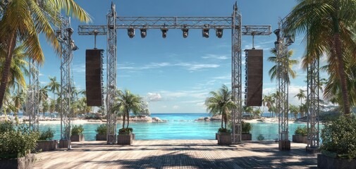 Beach stage setup with speakers and tropical elements against blue sky