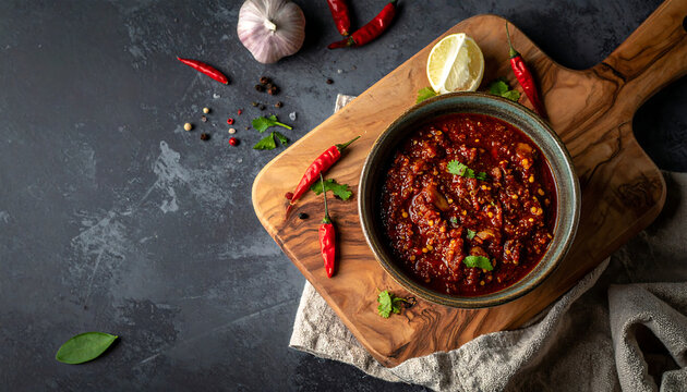 Traditional Ghana Shito Spicy Chili Sauce in Ceramic Bowl, Top View Food Photography with Copy Space