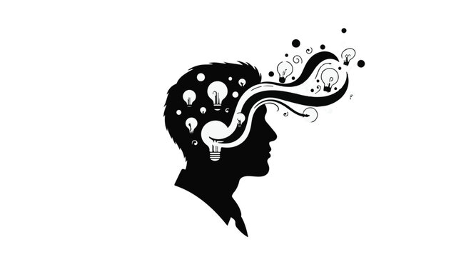 Silhouette of a head exploding with creative ideas and lightbulbs