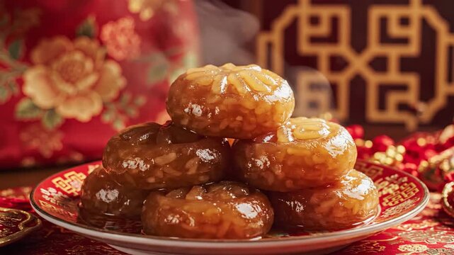 A plate of traditional Chinese New Year treats, fa gao, stacked on a decorative plate with a vibrant red and gold background, conveying a festive mood with warm, rich tones.