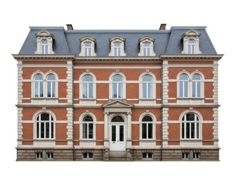 Elegant historic brick mansion with ornate architectural details and a mansard roof