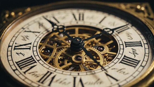 Close up of antique pocket watch mechanism ticking showing gears and Roman numerals