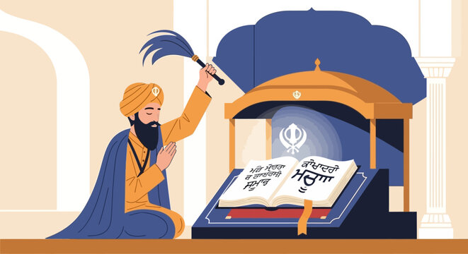 A devout Sikh man reverently fanning the holy Guru Granth Sahib with a chaur, symbolizing respect and devotion in a sacred setting.