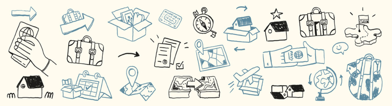 Relocation and migration doodle icons set showing moving abroad, travel journey, documents, luggage, maps and new life transition.