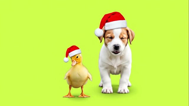 A puppy and a duckling wearing Santa hats against a green screen background.