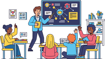 Interactive classroom scene with teacher and students engaged in learning, featuring blackboard diagrams and educational decor elements