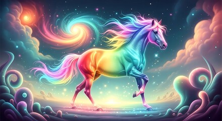 Rainbow Horse in a Dreamscape - A Colorful Fantasy Illustration.