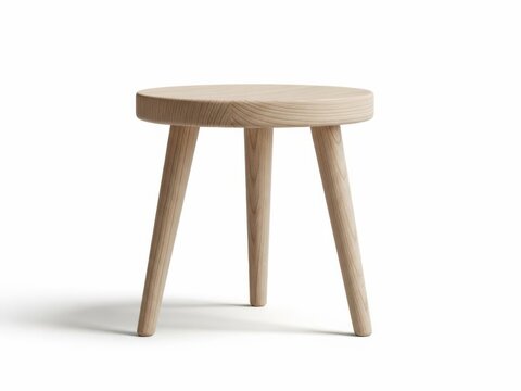 Simple wooden three legged stool with round seat on white background