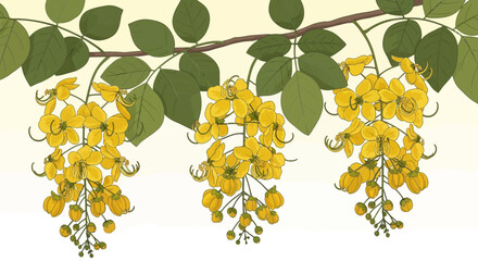 Illustration of a branch with vibrant yellow Cassia fistula flowers and green leaves against a light background.