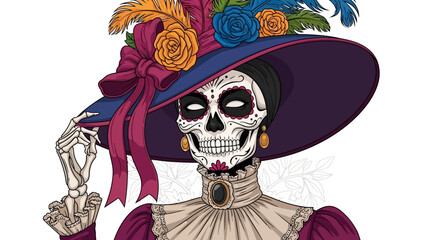 Elegant illustration of La Calavera Catrina with a sugar skull face, wearing a large feathered hat and a vintage dress, representing Day of the Dead.